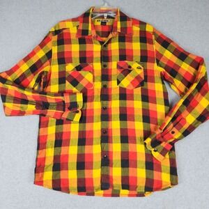 Quiksilver Flannel Shirt Men Small Red Yellow Plaid Cotton Flap Pocket Button Up